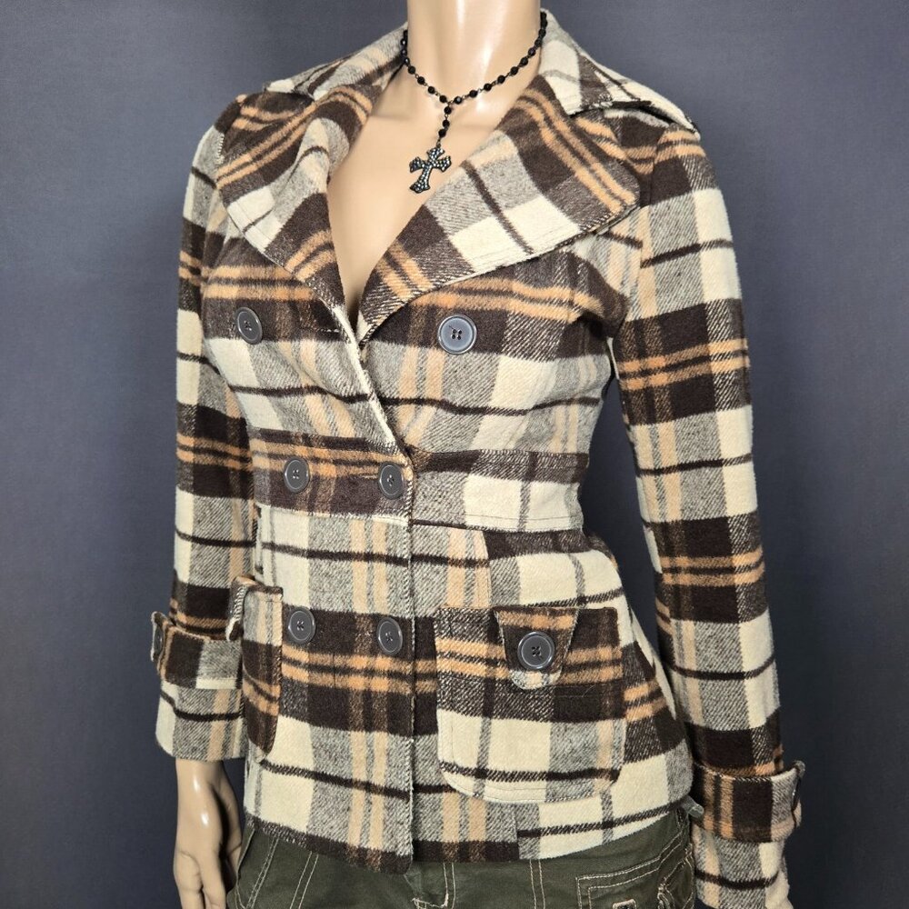 Y2K Fitted Plaid Pea Coat Jacket Size XS Brown Beige Wool Blend Fall Winter